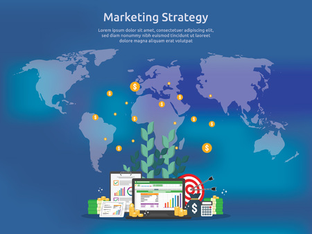 business marketing strategy spreadsheet on screen. finance analysis audit with graphs charts. Return on investment ROI concept. increase profit stretching rising up. banner template illustrationのイラスト素材