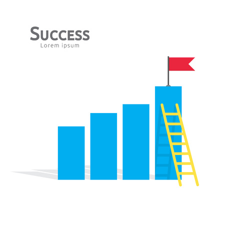 Business concept of achievement success with climbing stair and goal flag on top. Finance successful vision target. growth rising up arrow. flat style illustration of leadership and talent employer.のイラスト素材