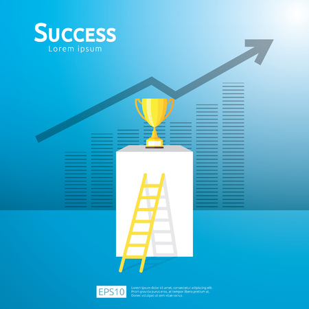 business concept with stair and trophy cup. arrow direction to success winner. Finance growth vision, victory achievement award and personal career development banner flat style vector illustrationのイラスト素材
