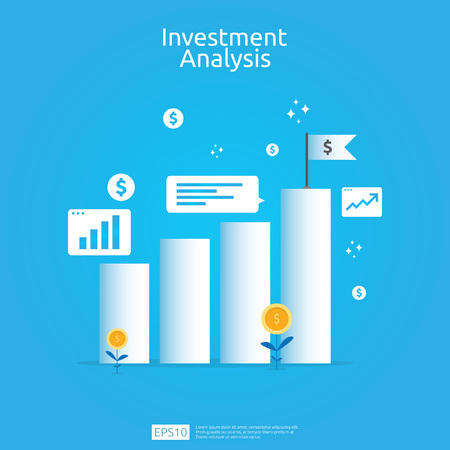 Financial investment analysis concept for business marketing strategy banner. Return on investment ROI vision with graph chart. increase profit stretching rising up. banner flat style design.のイラスト素材