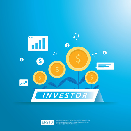 financial business investor funding concept with grow money coin plant illustration. Return on investment ROI or salary payment conceptual. vector illustrationのイラスト素材