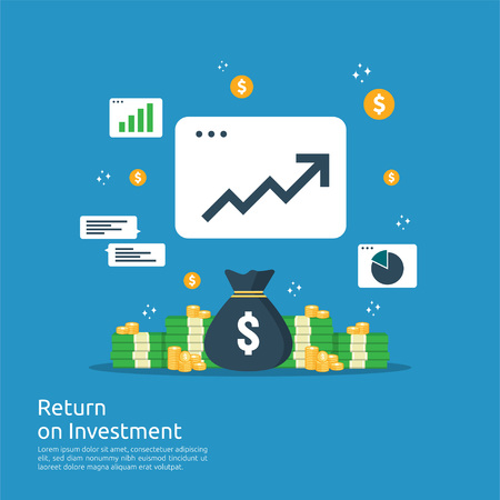 Return on investment ROI concept. business growth arrows to success. dollar stack pile coins and money bag. chart increase profit. Finance stretching rising up. banner flat style vector illustration.のイラスト素材