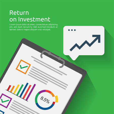 Return on investment ROI concept. business document report with growth arrows to success. chart increase profit. Finance stretching rising up. banner flat style vector illustration.のイラスト素材