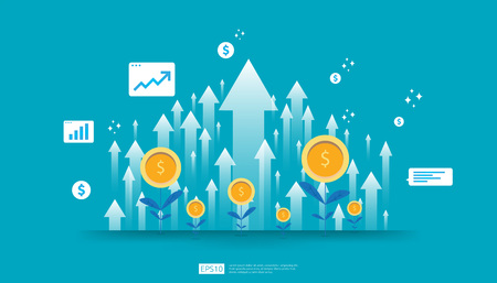 Return on investment ROI, profit opportunity concept. business growth arrows to success. arrow with dollar plant coins, graph and chart increase. business banner flat style vector illustrationのイラスト素材