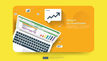 Return on investment, profit opportunity concept. business growth to success with business report on PC screen. graph chart increase and grow dollar arrows coins. business banner vector illustrationのイラスト素材