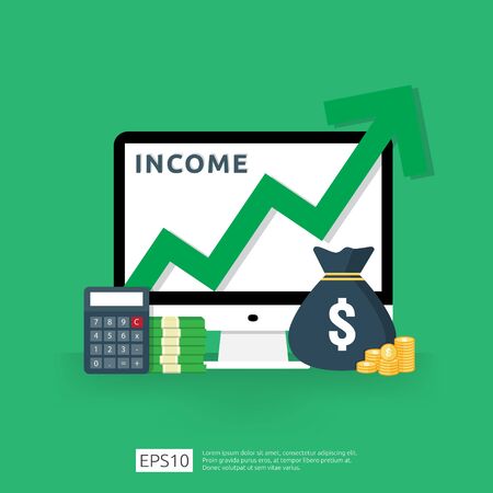 salary rate increase. Finance income performance of return on investment ROI concept with arrow. business profit growth margin revenue. cost sale icon. dollar symbol flat style vector illustrationのイラスト素材