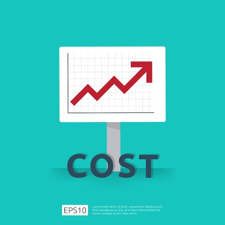 cost fee spending increase with red arrow rising up growth diagram. business cash reduction concept. investment growth progress in flat design vector illustration.のイラスト素材