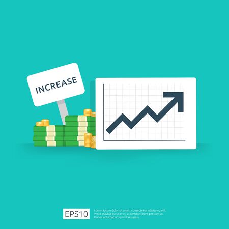 Finance performance of return on investment ROI concept with arrow. income salary rate increase. business profit growth margin revenue. cost sale icon. dollar symbol flat style vector illustrationのイラスト素材