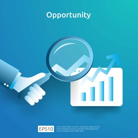 business idea analytic and opportunity research concept with increase growth graphic chart and magnifying glass on hand. Finance performance of return on investment ROI illustration with arrow elementのイラスト素材