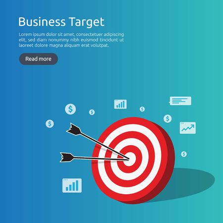 red dartboard center goal. strategy achievement and business success flat design. Archery dart target and arrow for banner or background. vector concept with graph and dollar icon illustration.のイラスト素材