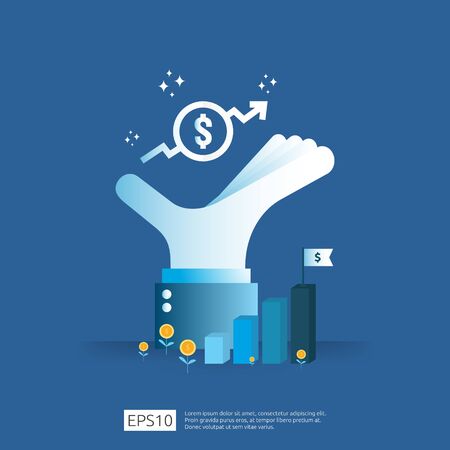 income salary rate increase. business profit growth margin revenue. Finance performance of return on investment ROI concept with arrow. cost sale icon. dollar symbol flat style vector illustrationのイラスト素材