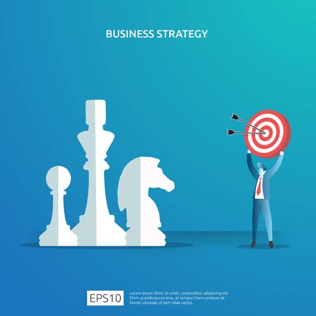 Business concept for goal achievement, vision plan, and management. successful investment income profit strategy management with chess, character figure and dartboard target illustrationのイラスト素材