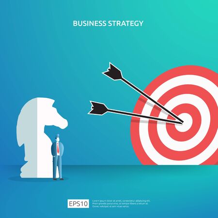 Business concept for goal achievement, vision plan, and management. successful investment income profit strategy management with chess, character figure and dartboard target illustrationのイラスト素材