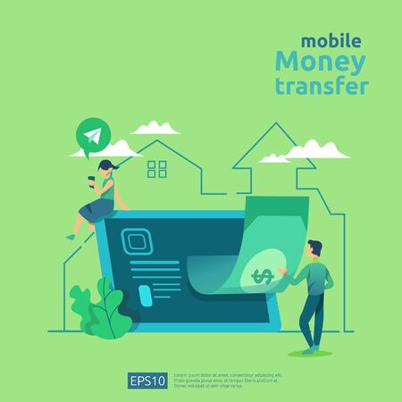money transfer concept for E-commerce market or shopping online with people character. mobile payment illustration for social media, web landing page template, banner, presentation, print media.のイラスト素材