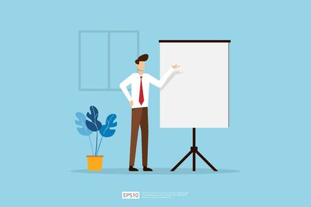 Businessman presenting marketing idea plan concept. Business character giving presentation report, lesson session, meeting, council on a whiteboard. Flat style vector illustrationのイラスト素材