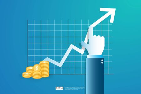 Increase profit sales diagram. Hand with business chart growth in flat style design. increasing graph investment revenue with line arrow and businessman hand vector illustration concept to successのイラスト素材