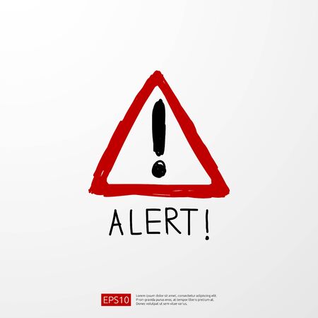 hand drawn warning alert sign with exclamation mark symbol. Hazard attention shield line icon for Internet VPN Security protection Concept vector illustrationのイラスト素材