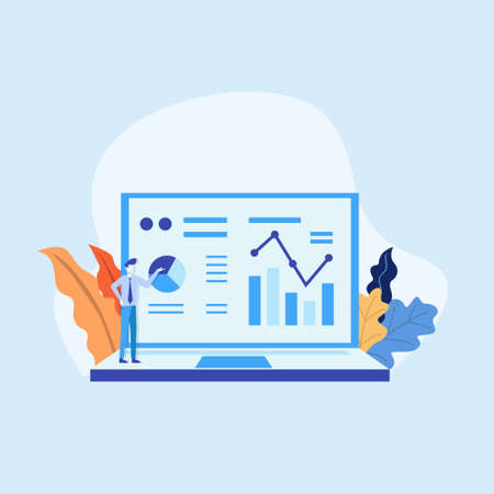 statistics charts analysis on Computer screen monitoring. Flat vector infographic analytic trend graphs information concept for planning and accounting, audit, data report, marketing illustrationのイラスト素材