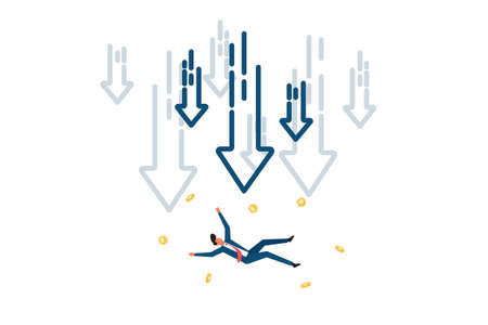 business finance crisis concept with business man character. money fall down with arrow decrease symbol. economy stretching global lost bankrupt. cost declining reduction or loss of incomeのイラスト素材