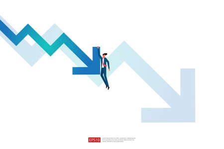 business finance crisis concept with business man character. money fall down with arrow decrease...