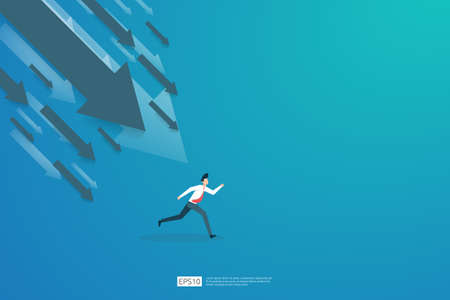 business finance crisis concept with business man character. money fall down with arrow decrease symbol. economy stretching global lost bankrupt. cost declining reduction or loss of incomeのイラスト素材