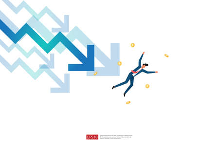 business finance crisis concept with business man character. money fall down with arrow decrease symbol. economy stretching global lost bankrupt. cost declining reduction or loss of incomeのイラスト素材