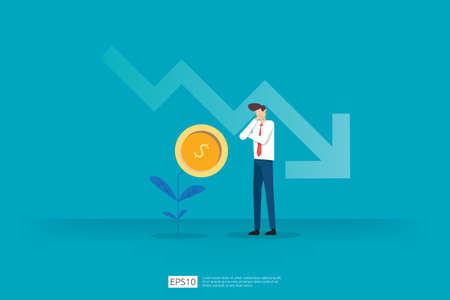finance crisis concept with business man character. money fall down with arrow decrease symbol. economy business stretching global lost bankrupt. cost declining reduction or loss of income profitのイラスト素材