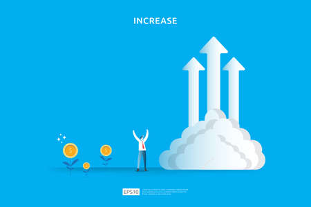salary rate increase with growth up arrow and people character. business profit grow or income margin management revenue. Finance statistic performance of return on investment ROI illustration conceptのイラスト素材