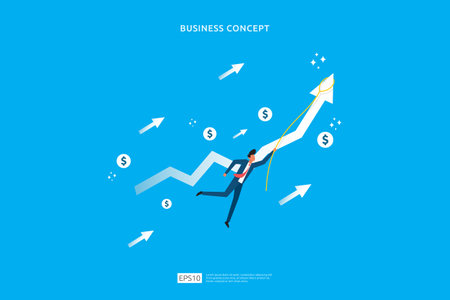 investment concept of catching opportunity with businessman character attraction collect money coin. Flat cartoon design. business startup invest growth metaphor vector illustrationのイラスト素材
