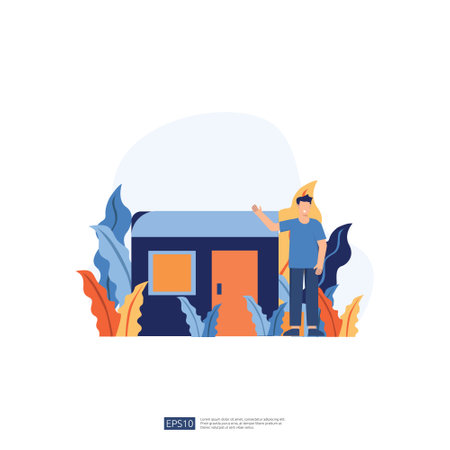 backpacker and camping holiday illustration with no face young man character. male people standing with gesturing. Flat style isolated vector illustrationのイラスト素材