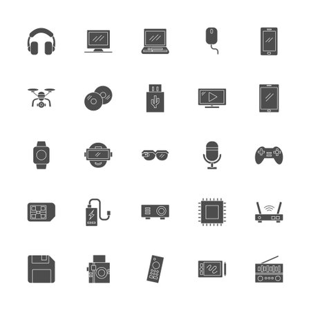 multimedia icon set with black bold solid style. technology device sign symbol vector illustrationのイラスト素材