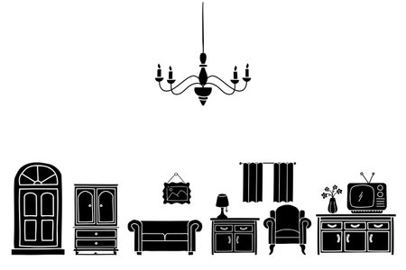 home decoration silhouette sketch style doodle. interior furniture set ink hand drawn Vector illustrationのイラスト素材