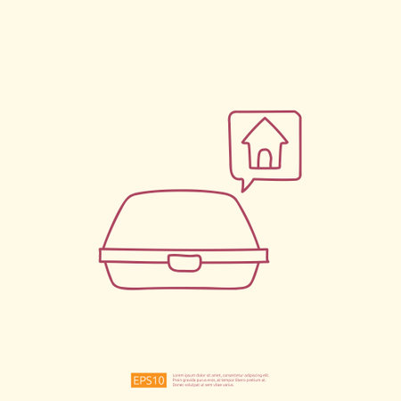food delivery service icon with line doodle style vector illustration. food shopping from home concept with meal box and home symbolのイラスト素材