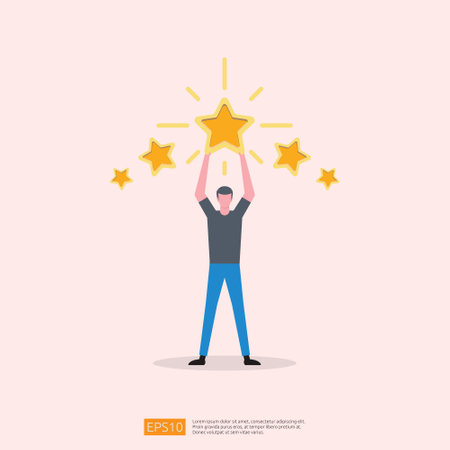 customer evaluating concept with five star good rating feedback. clients satisfaction and positive review experience with stars and flat man vector illustrationのイラスト素材