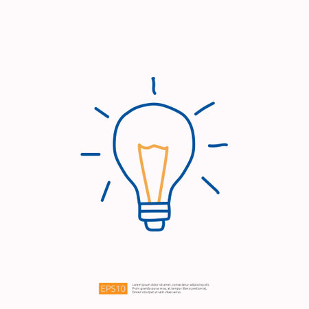 creativity related doodle icon concept with bulb lamp symbol. Creative design, drawing, idea, Inspiration, brainstorming, startup and think stroke line vector illustrationのイラスト素材