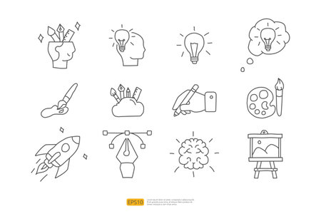 creativity related doodle icon concept with brain symbol. Creative design, idea, Inspiration, brainstorming, startup and think stroke line vector illustrationのイラスト素材