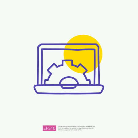 engineering related doodle concept with laptop and gear symbol sign. maintenance icon with computer repair symbol. fill color line vector illustrationのイラスト素材