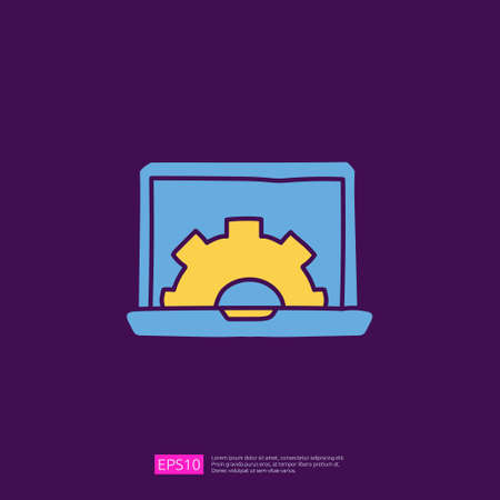 engineering related doodle concept with laptop and gear symbol sign. maintenance icon with computer repair symbol. fill color line vector illustrationのイラスト素材