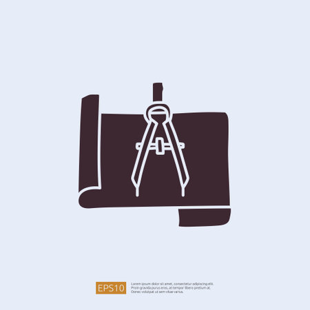 architecture compass and paper icon. engineering related doodle concept. measure and architect drawing sign symbol. solid style icon vectorのイラスト素材