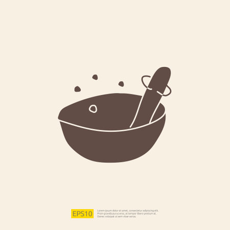 mortar and pestle doodle icon for cooking concept. Solid glyph sign symbol vector illustrationのイラスト素材