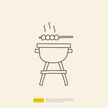 bbq grill doodle icon for cooking concept. stroke line sign symbol vector illustrationのイラスト素材