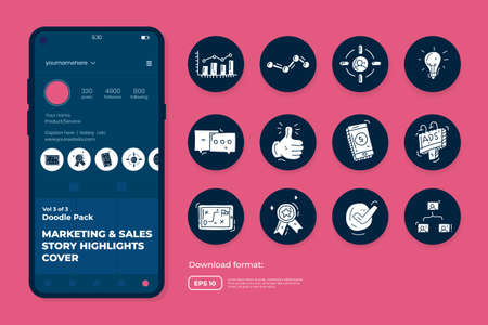 Business and marketing doodle icon illustration set for social media Highlight Stores Cover with solid color style vector illustrationのイラスト素材