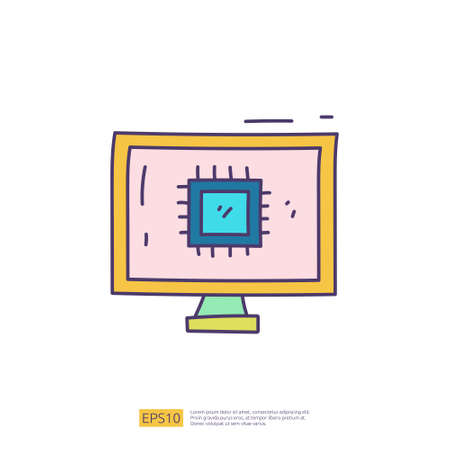 Artificial intelligence AI concept with chip circuit board structure on PC computer for engineering, development, brainstorming sign. Hand drawn doodle icons vector illustrationのイラスト素材