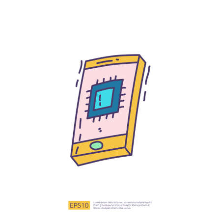 Artificial intelligence AI concept with chip circuit board structure on smartphone for engineering, development, brainstorming sign. Hand drawn doodle icons vector illustrationのイラスト素材