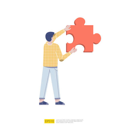 Man Holding Puzzle Element. problem solving or mission completion completed task concept. teamwork and business partnership vector illustrationのイラスト素材