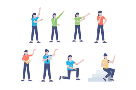 businesswoman or young woman worker character presentation pose set with hand gesture in flat style isolated vector illustrationのイラスト素材