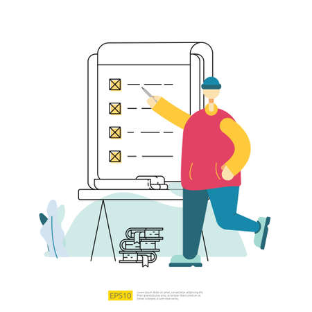 worker employee do task list organization on board. business checklist plan management with businessman character. questionnaire survey concept vector illustration with flat styleのイラスト素材