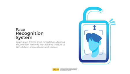 Face recognition system scanning on smartphone. facial biometric data identification security. web landing page template, banner, presentation, social, poster, ad, promotion or print media.のイラスト素材