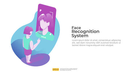 Face recognition system scanning on smartphone. facial biometric data identification security. web landing page template, banner, presentation, social, poster, ad, promotion or print media.のイラスト素材