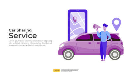 online taxi or rent transportation using smartphone service application with character and route points location on gps map for landing page, banner, web, UI, flyer. Car sharing illustration conceptのイラスト素材